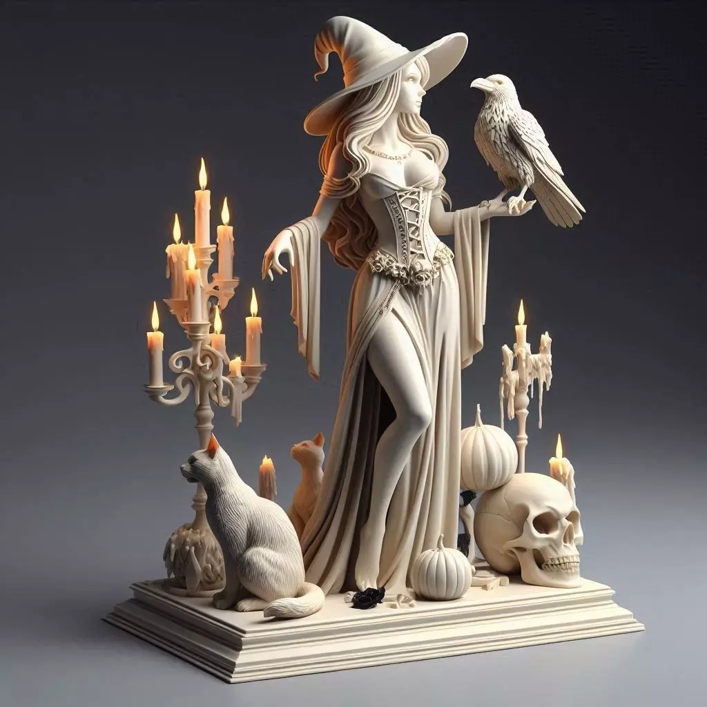 31 Elegant Witch with Candles Raven Cat Full Body Figurine 3D print model_0