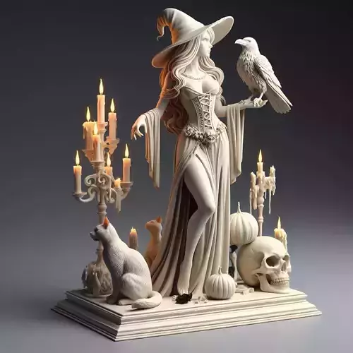 31 Elegant Witch with Candles Raven Cat Full Body Figurine