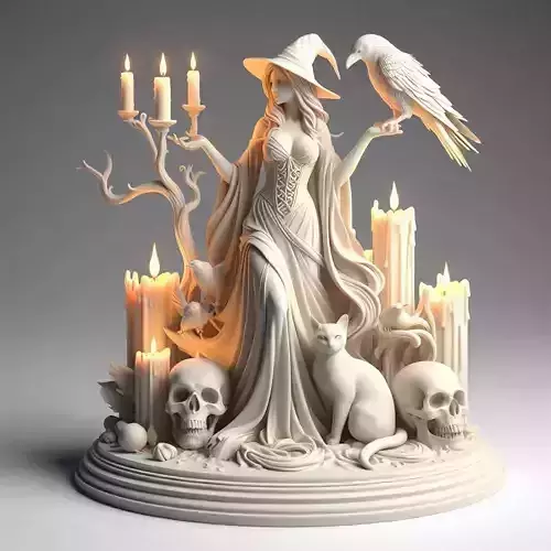 32Elegant Witch with Candles Raven Cat Skull Full Body Figurine