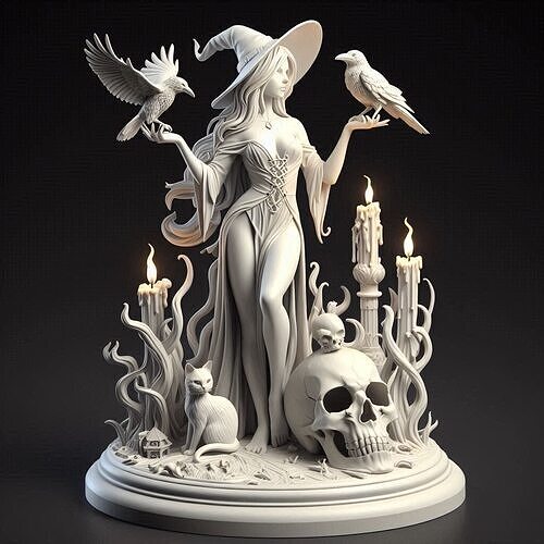 36Witch with Candles Raven Cat and Skull Full Body Figurine 3D print model