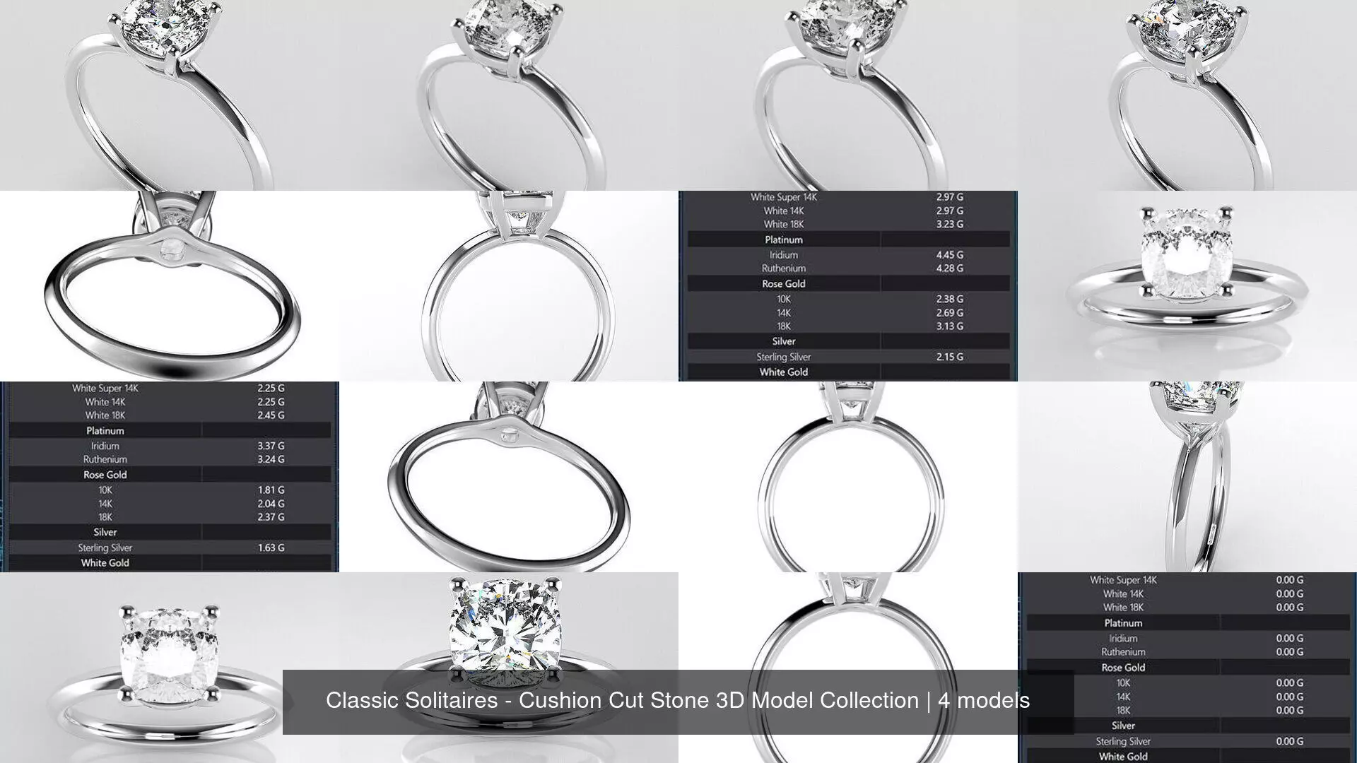 Classic Solitaires - Cushion Cut Stone 3D Model Collection _0