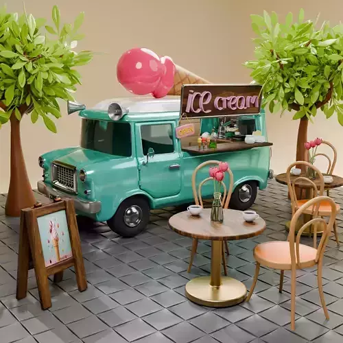 Isometric Coffee and Ice Cream Truck  Low Poly Stylized 3D Scene