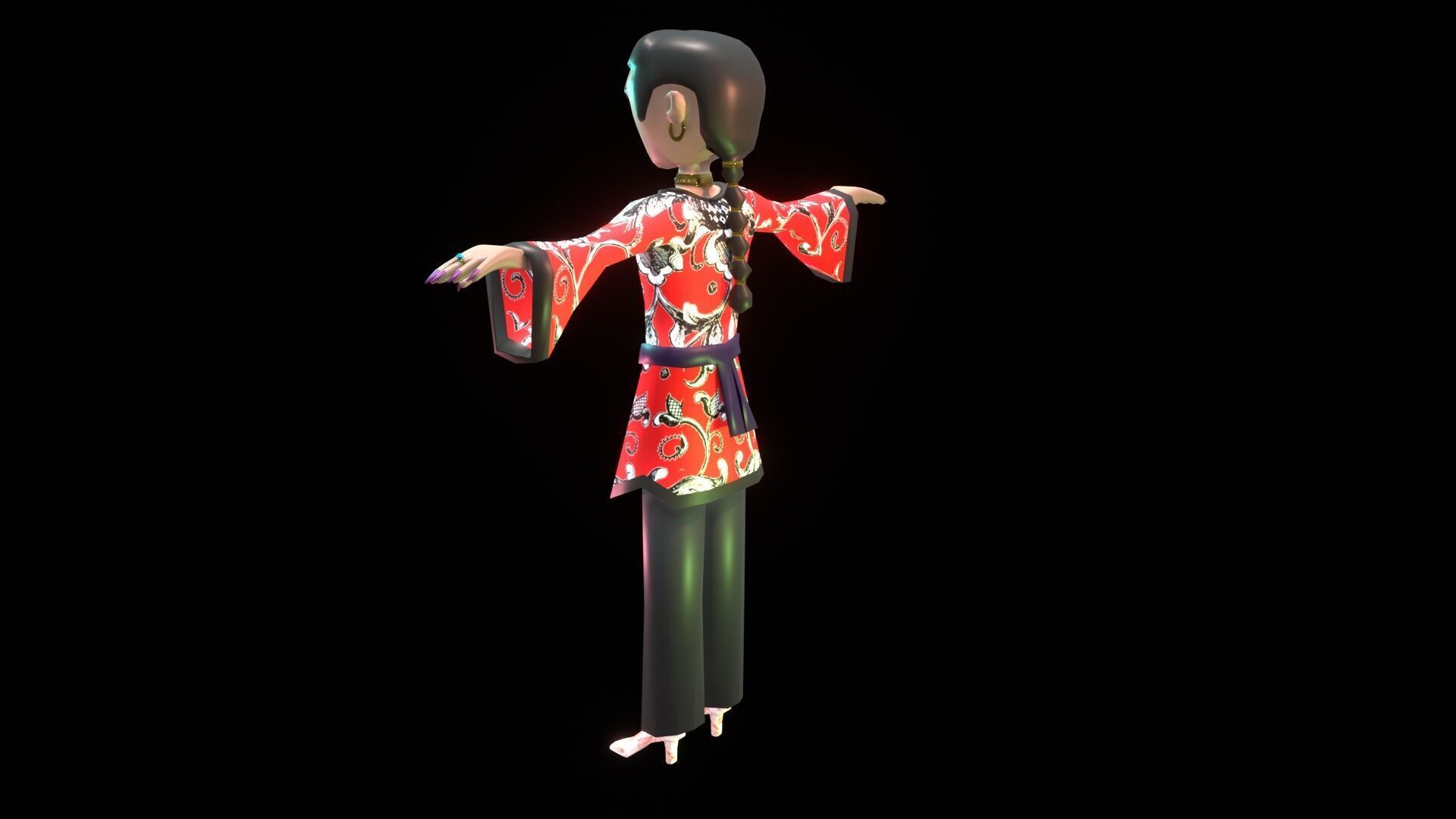 female Chinese low poly cartoon character Low-poly 3D model_3