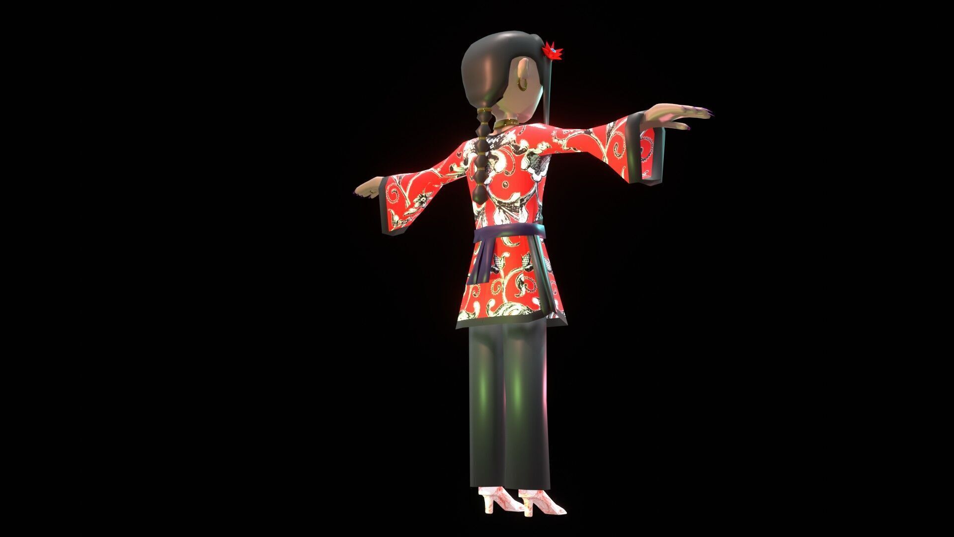 female Chinese low poly cartoon character Low-poly 3D model_5