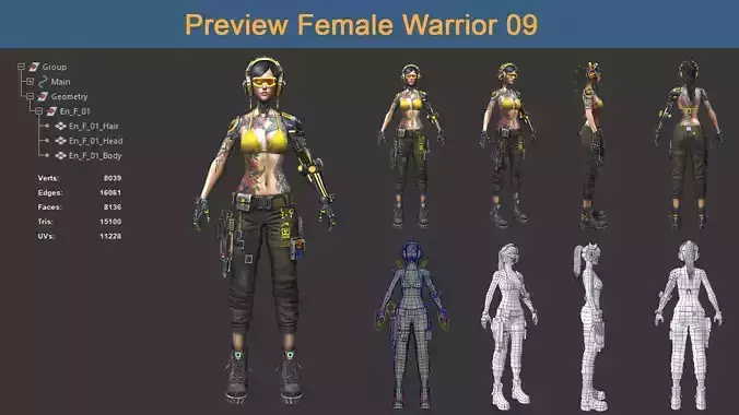 Character Female Warriors 09 - Ready for game Low-poly 3D model