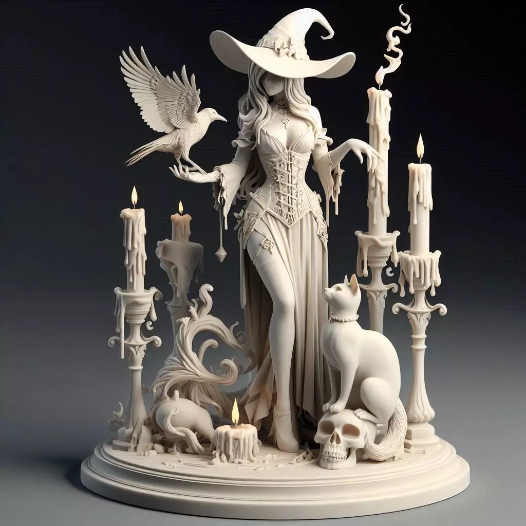 37Elegant Witch with Candles Raven and Cat Full Body Figurine 3D print model_0