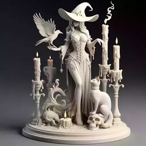 37Elegant Witch with Candles Raven and Cat Full Body Figurine