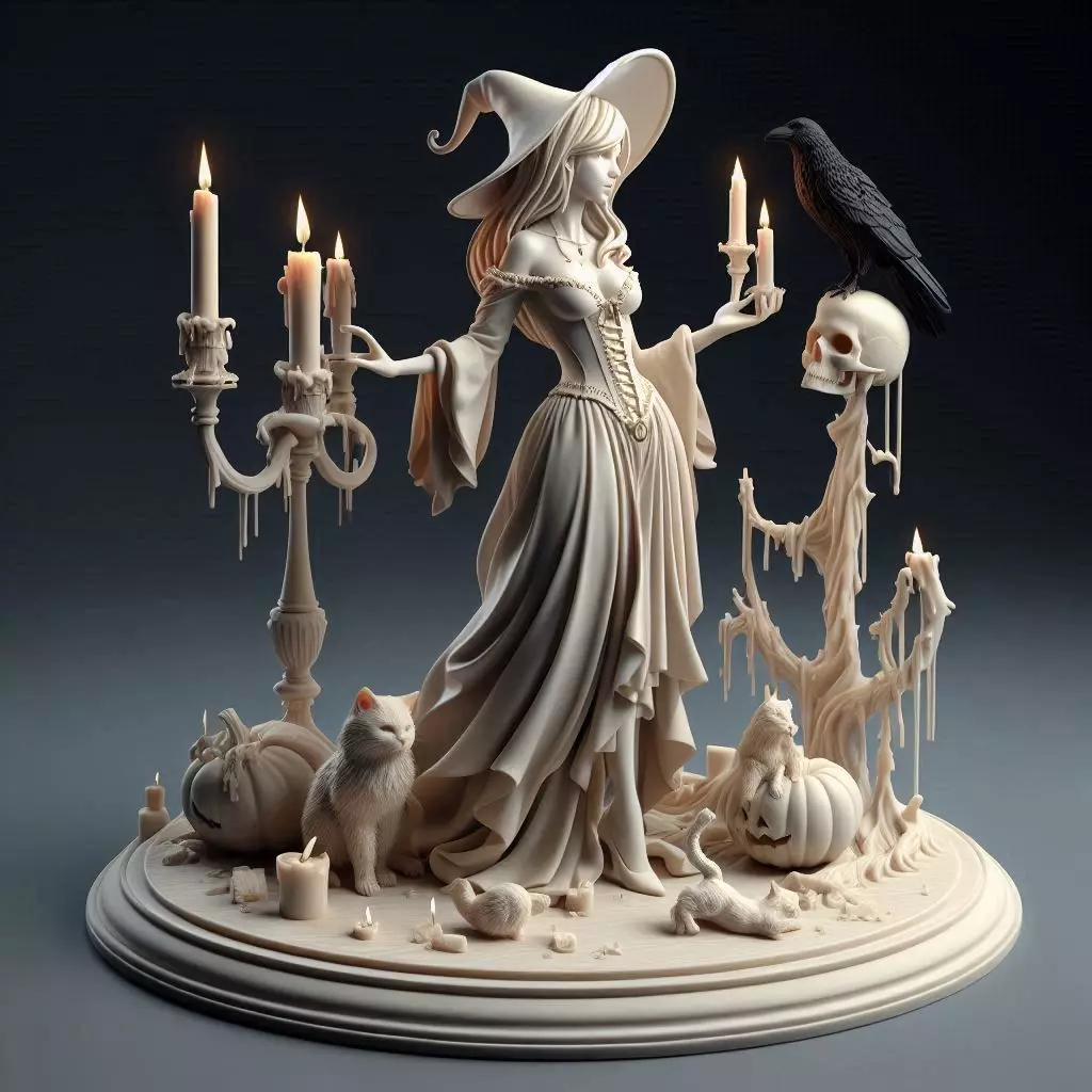 38Elegant Witch with Candles Black Raven Cat Full Body Figurine 3D print model_0