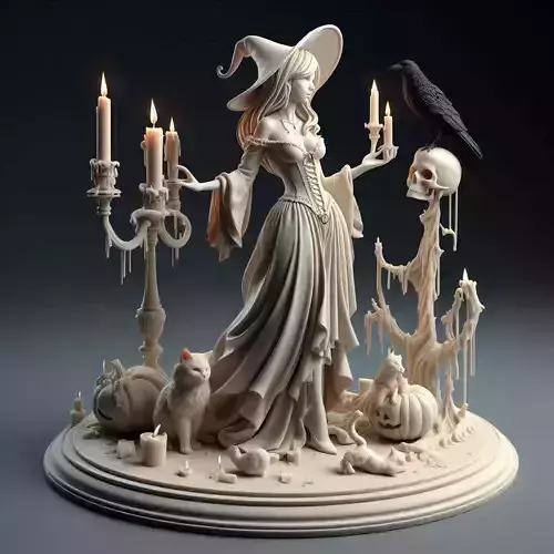 38Elegant Witch with Candles Black Raven Cat Full Body Figurine