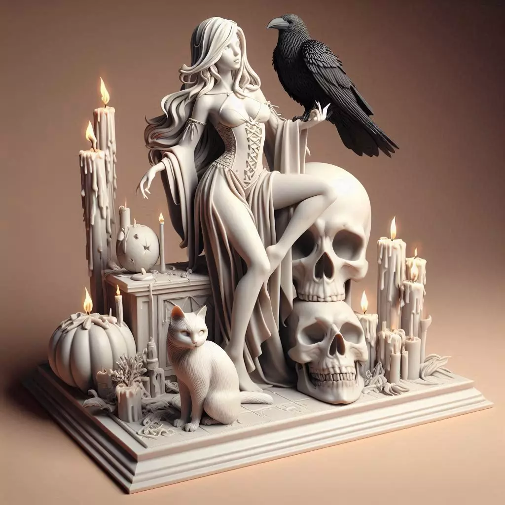 39Elegant Witch with Candles Black Raven Cat Full Body Figurine 3D print model_0