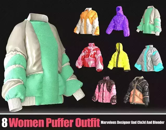 8 Women Puffers Outfits In Blender And Clo3d