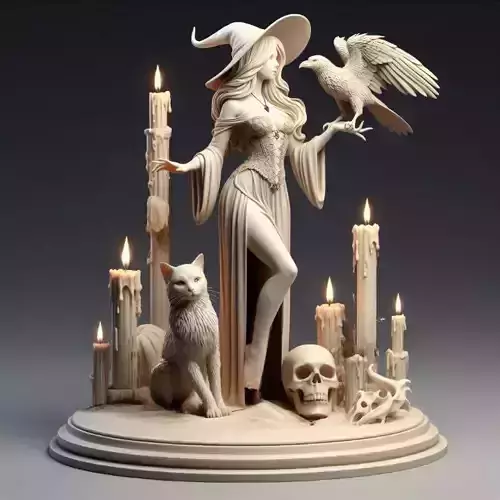 40Elegant Witch with Candles Raven Cat Skull Full Body Figurine