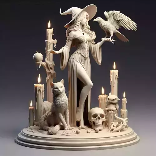 40Elegant Witch with Candles Raven Cat Skull Full Body Figurine