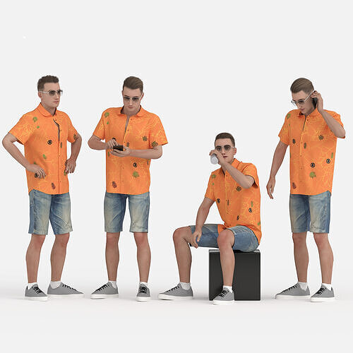 Stylish 3D Male Romper Outfit - Vibrant Orange Apparel Low-poly 3D model