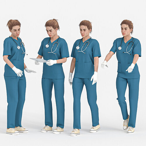 Nurse Woman Character - US Uniform - 4 Poses Low-poly 3D model