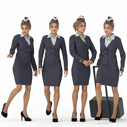 tewardess - Air Hostess Character - 4 Poses  Low-poly 3D model