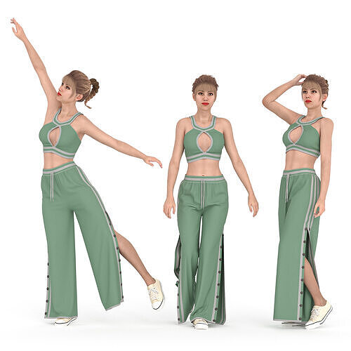 Dynamic 3D Sport and Dance Woman  - Crop Top and Wide Leg Pants  Low-poly 3D model