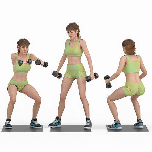 Dynamic 3D Woman in Workout Attire - Squat and Exercise Poses  Low-poly 3D model