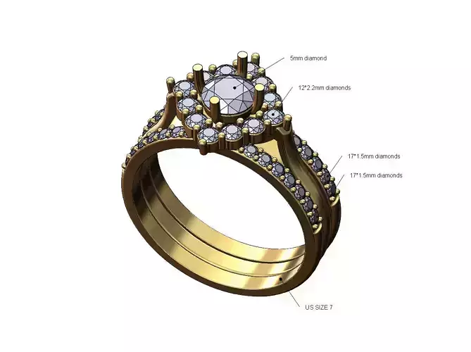 Triple square diamond cluster ring with guard bands US size 7