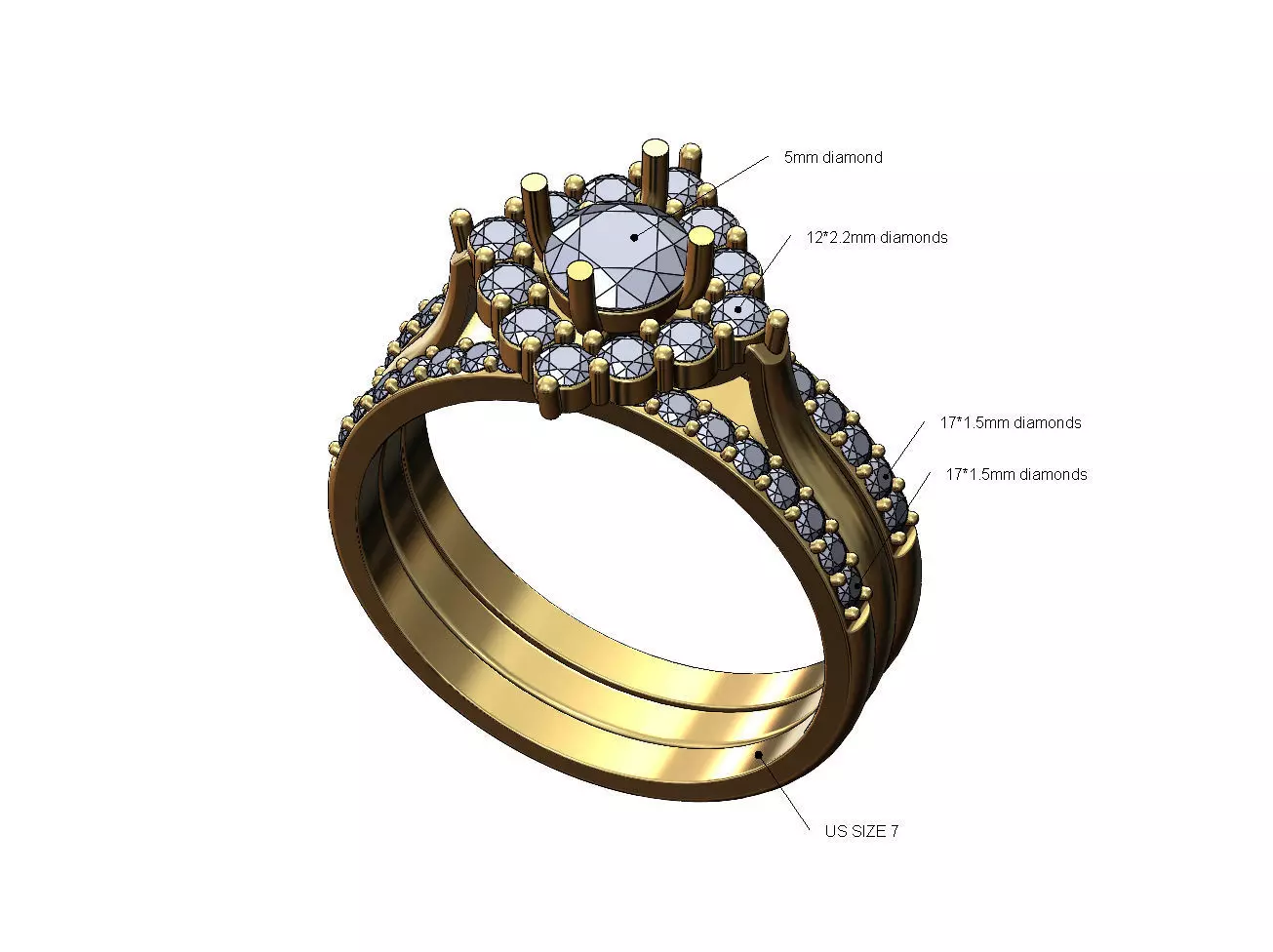 Triple square diamond cluster ring with guard bands US size 7 3D print model_0