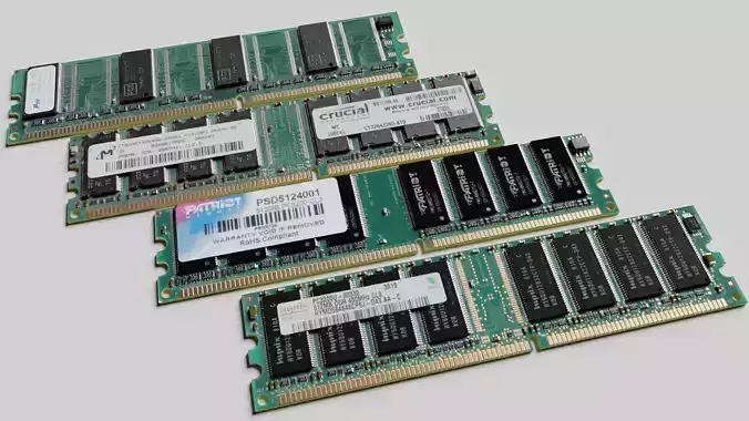 Hi-poly PC memory modules RAM DDR1 SDRAM Crucial Patriot Hyunix 3D model