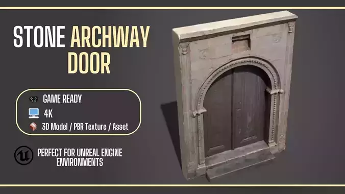 Realistic Arched Stone Door with Wood Panels  Low-poly 3D model