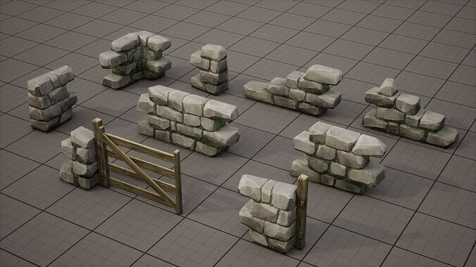 Modular Stone Wall and Gate Kit Low-poly 3D model