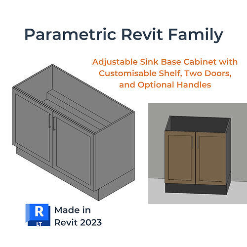 PARAMETRIC REVIT FAMILY Sink Base Cabinet Shelf 2 Doors Handles 3D model