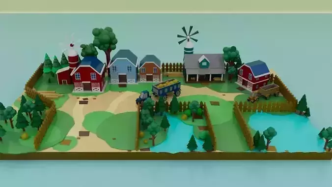 Stylized Low Poly Farm Village Environment  Low-poly 3D model