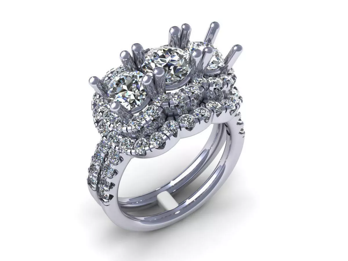 Three Stone Halo Diamond Ring 421 3D print model
