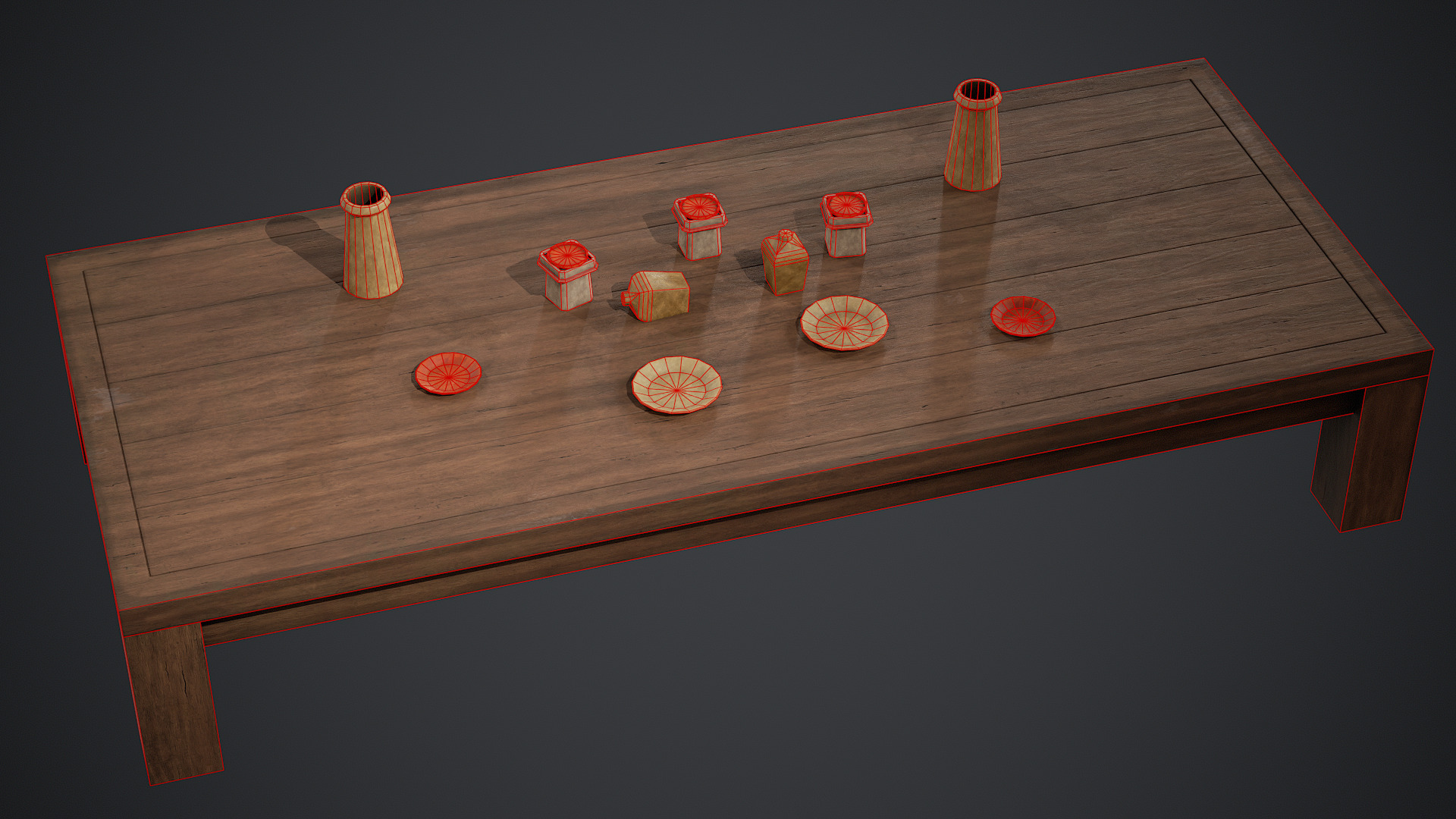 Japanese Wooden Table and Props - PBR Texture Low-poly 3D model_5
