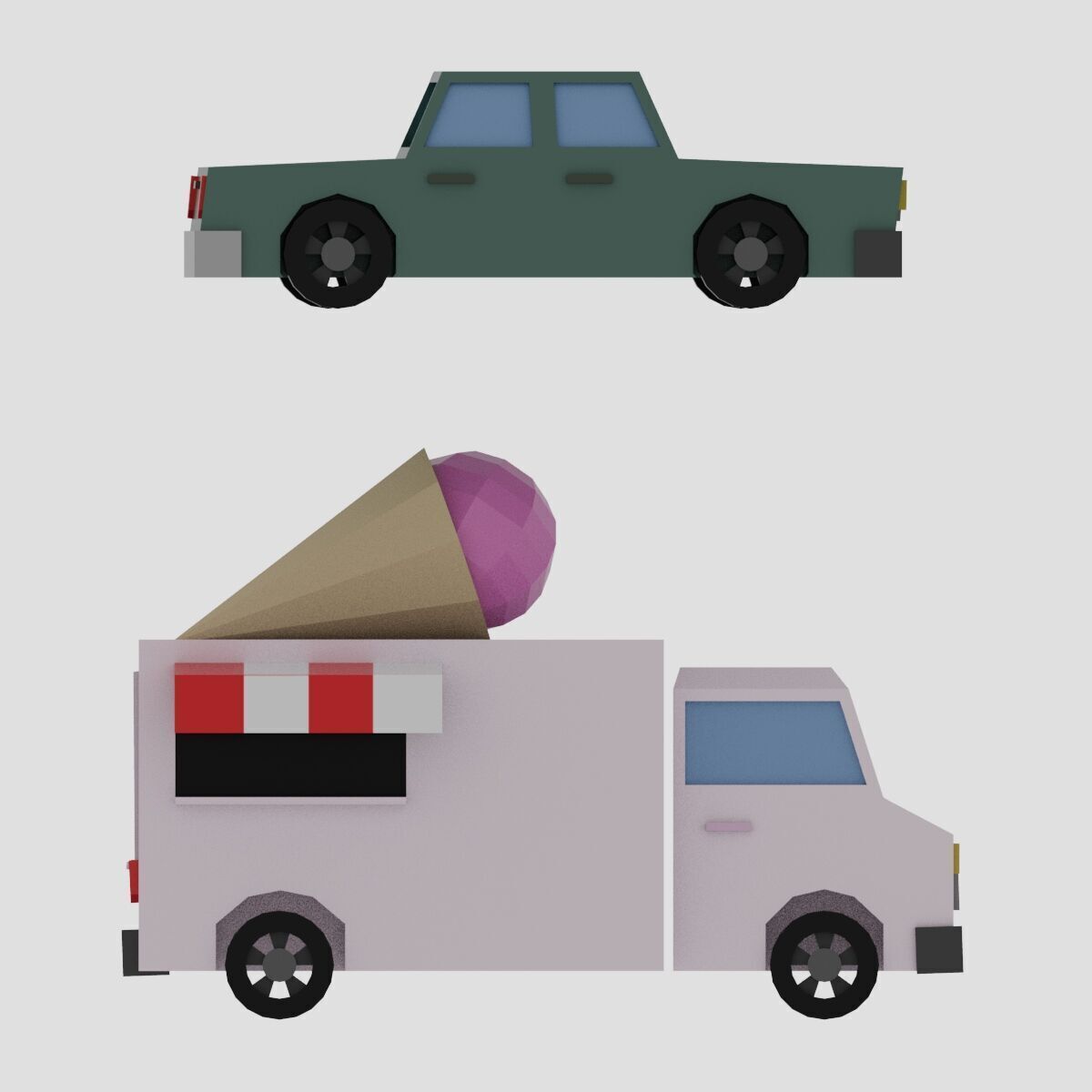 Low Poly Vehicle Set - Ice cream truck and Car Low-poly 3D model_1