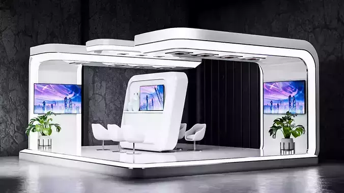 Futuristic White Exhibition Booth Design High-Quality 3D Model