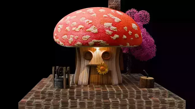 3D Low poly lovely CARTOON Mushroom house 2