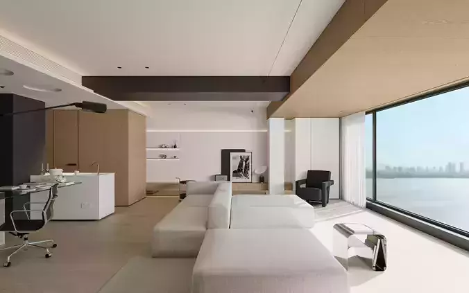 Modern Minimalist Wood Tone Living Room Interior Scene 3D model