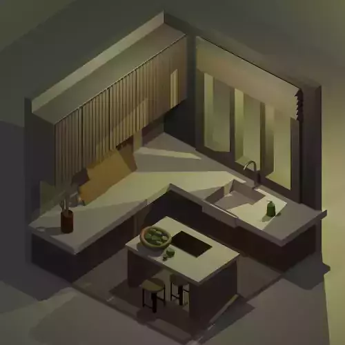 Low-Poly Modern Kitchen Interior Stylized Isometric Scene