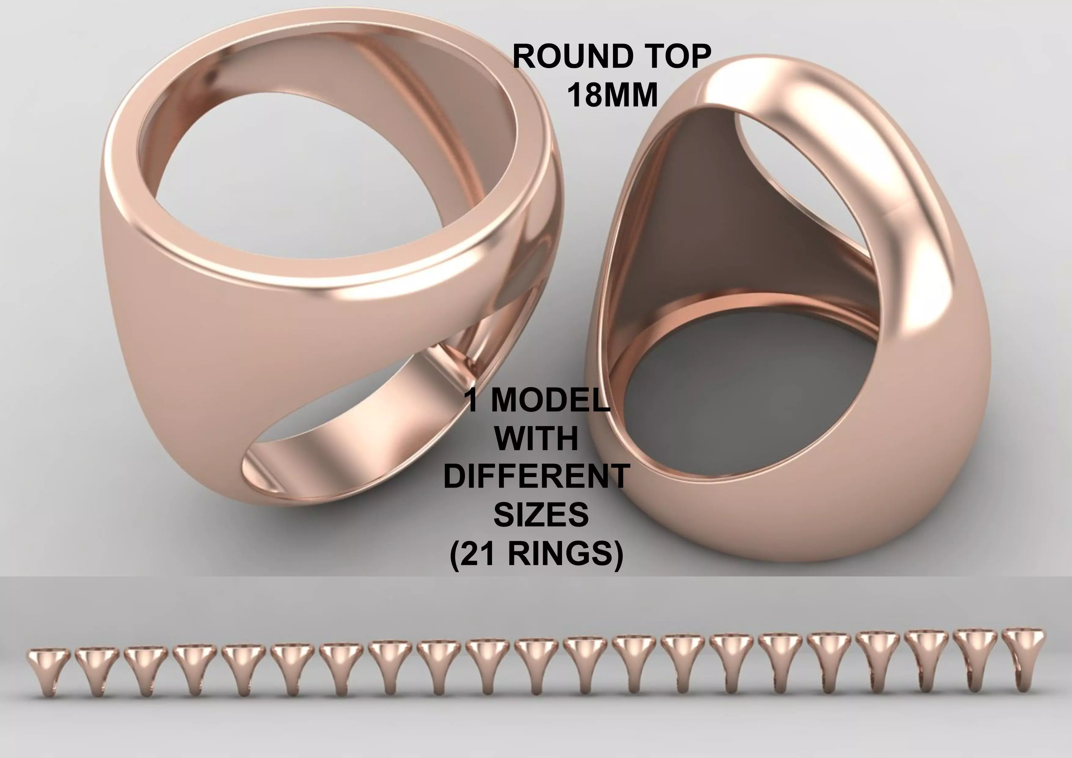 Round gemstone Ring Base 18MM top in All sizes 180-MWC 3D print model_0