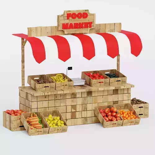 Wooden Food Market Stall with Fruits and Vegetables  Low-poly 3D model