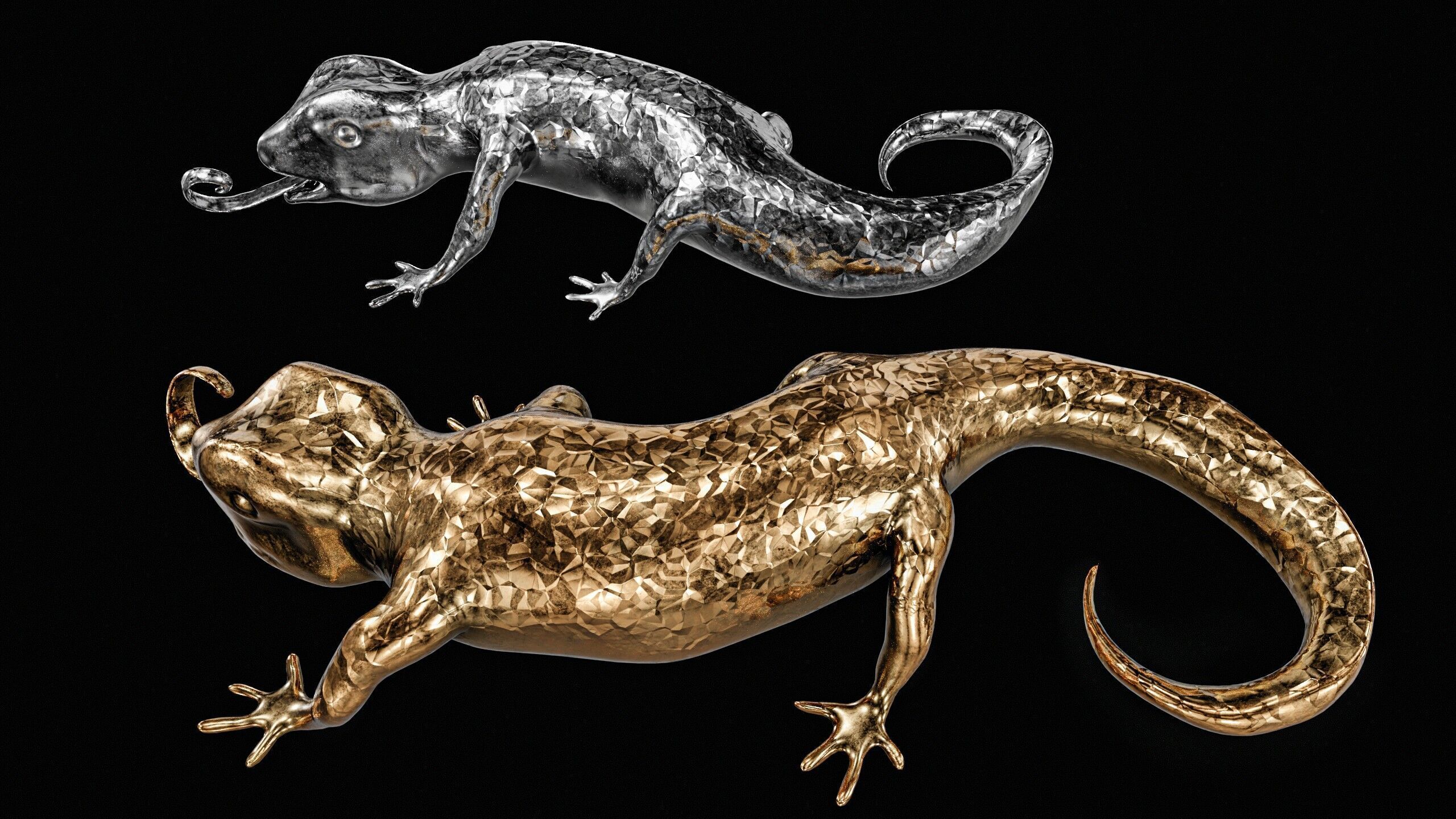 Lizards  Artifact  Gold And Silver Low-poly 3D model_2