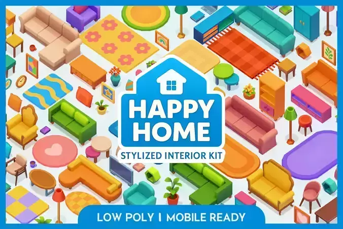 Happy Home - Stylized Living Room Interior Kit - Low Poly 3D Low-poly 3D model
