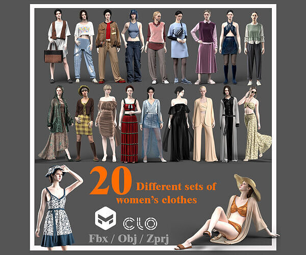 20 different sets of womens clothes 3D model