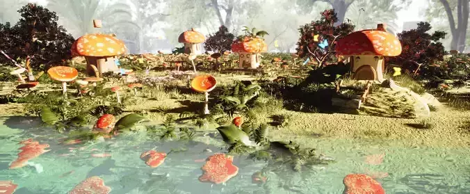 Unreal Engine 5 3d low poly cartoon lovely mushroom village 