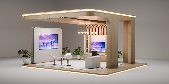Modern Exhibition Booth with Wood Finish and LED 3D Model 3D model