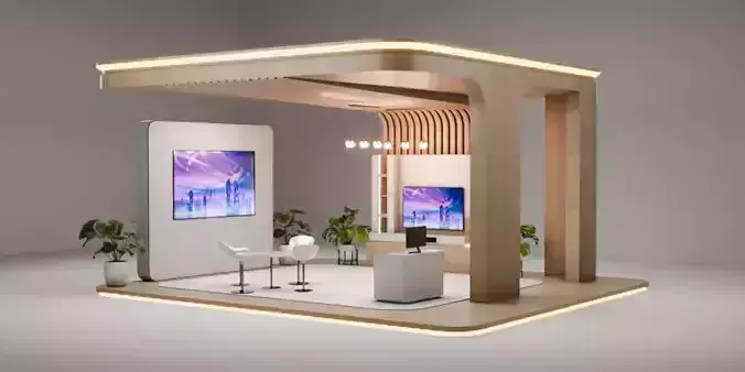 Modern Exhibition Booth with Wood Finish and LED 3D Model