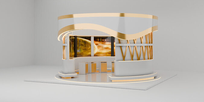 Futuristic 3D Exhibition Booth Design Gold and White Curved 3D model