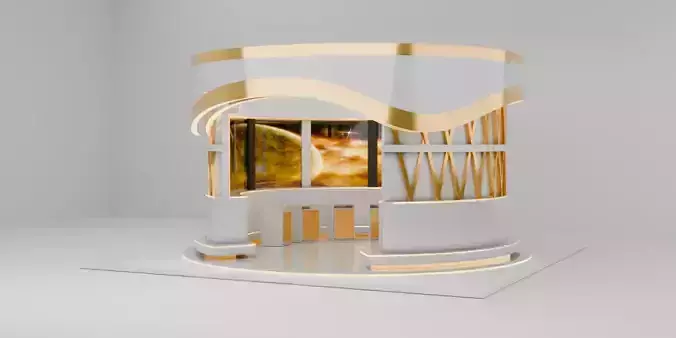 Futuristic 3D Exhibition Booth Design Gold and White Curved
