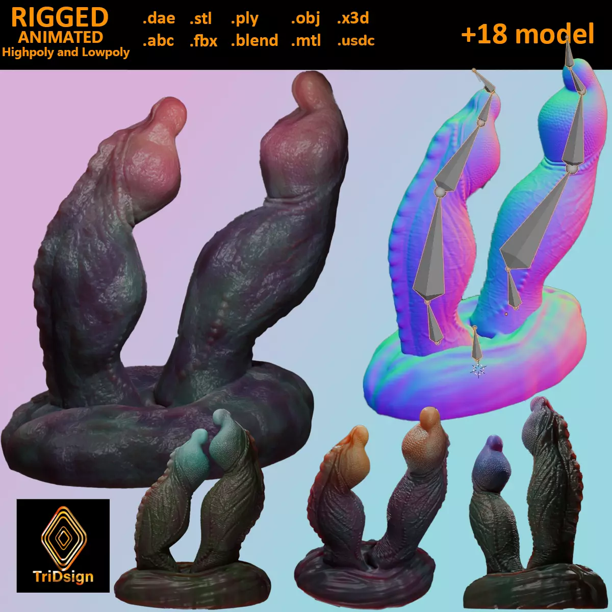 Fantasy Twin Dragon Penis Rigged Low-poly 3D model_0