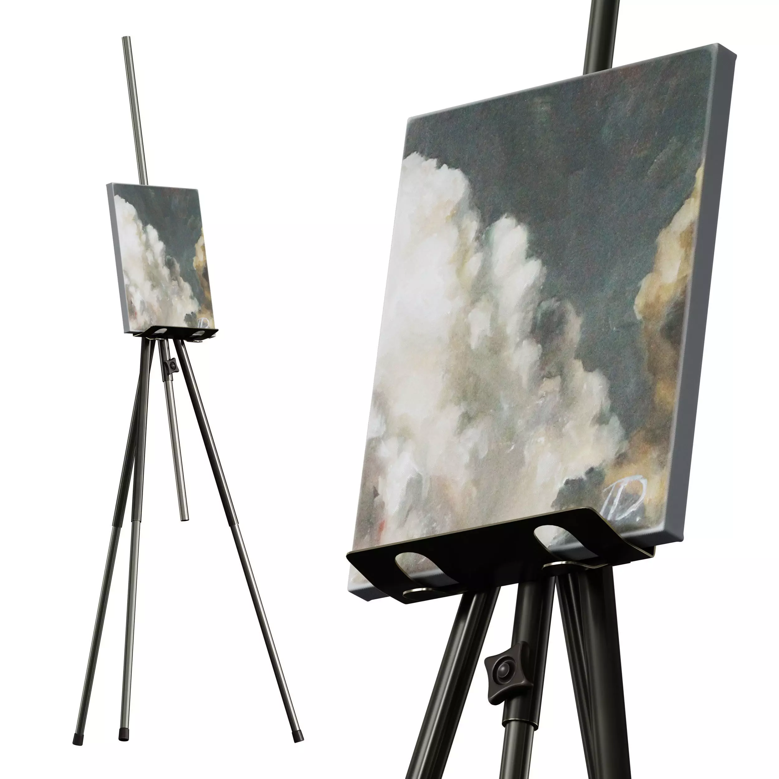 Easel with painting metal Painting with clouds 3D model