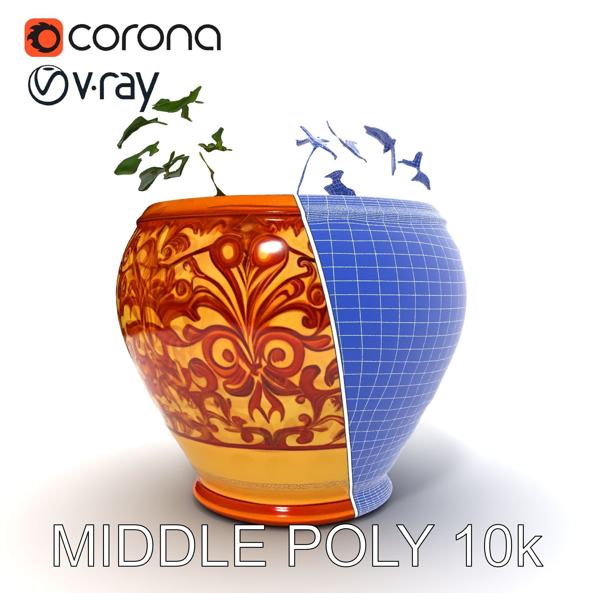 Ornate Decorative Planter with Greenery Model Pack Low-poly 3D model_14