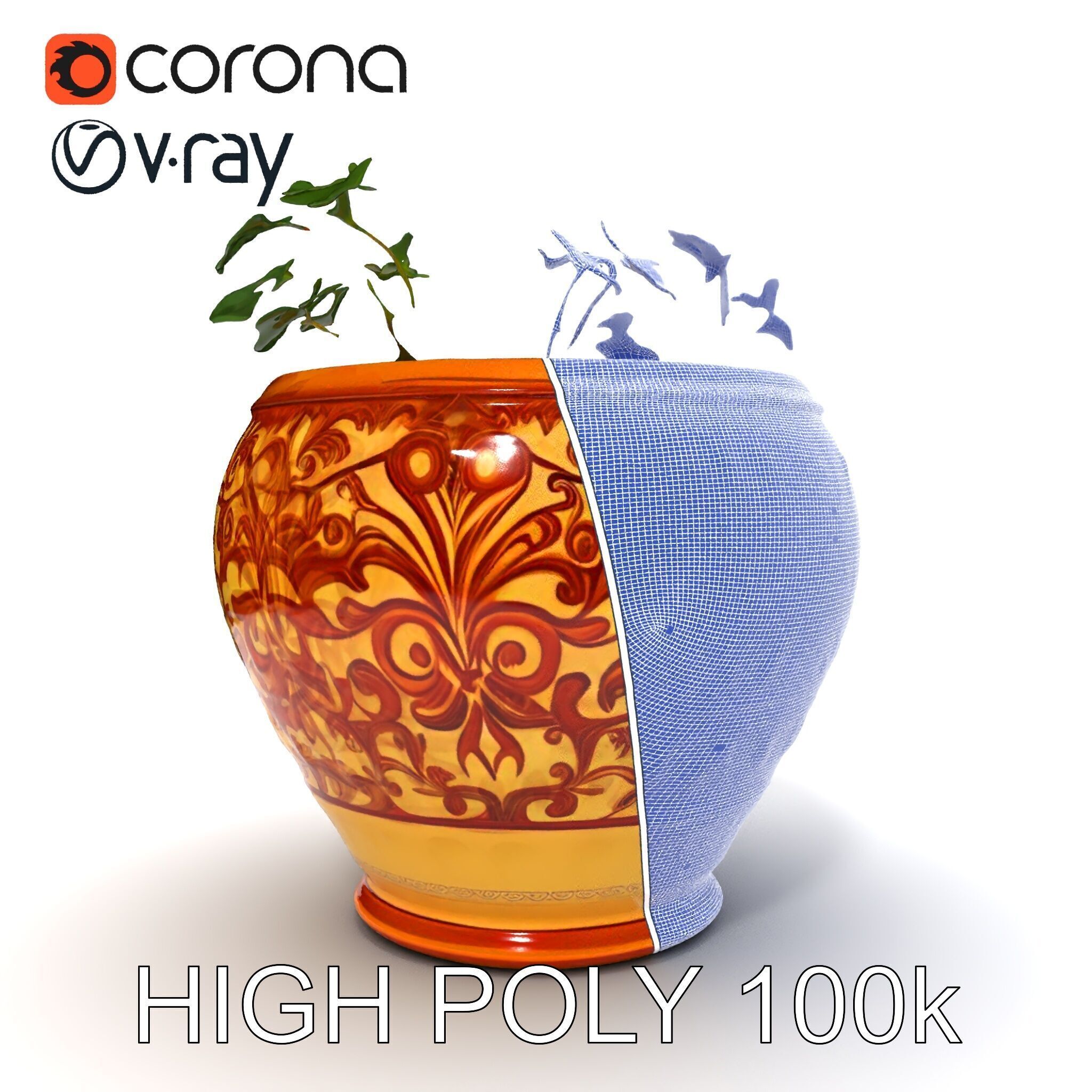 Ornate Decorative Planter with Greenery Model Pack Low-poly 3D model_21